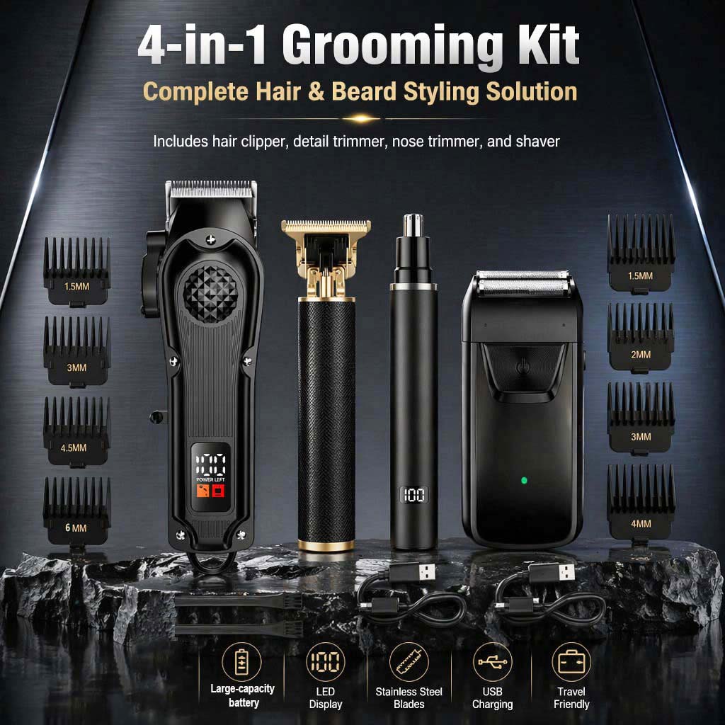 Home Barbershop - 4-in-1 Herren-Haarschneideset mit LED-Display, USB-Aufladbarer Bart-